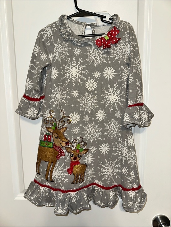 Counting Daisies Other - Girls' Gray Snowflake Dress with Red Bow and Reindeer Applique